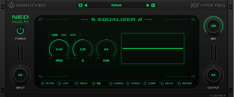 3 band parametric EQ with low shelf, high shelf and peaking filters.